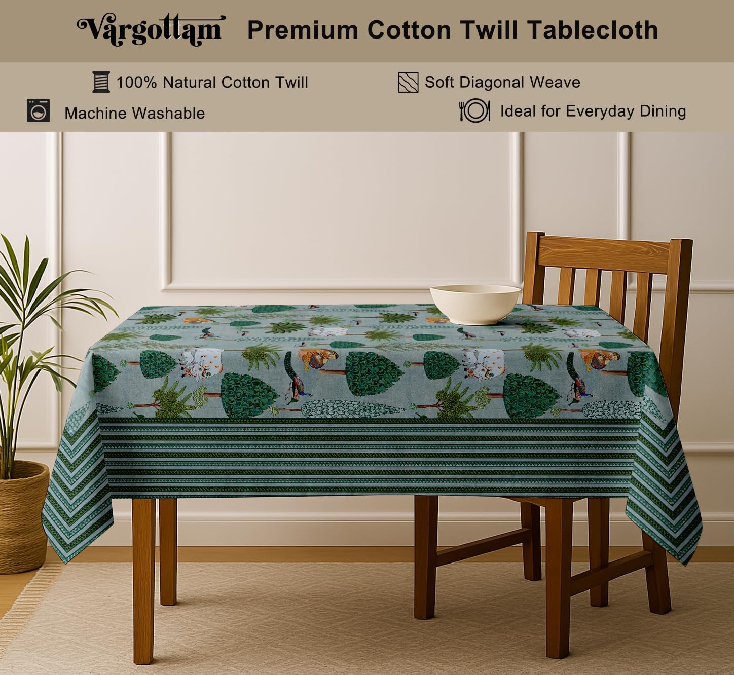 Tree Design Tablecloth - Blue 60x60 Inch Cotton Twill Dining Table Cover, Perfect for 4 Seater Tables, Durable, Protective & Washable, Ideal for Everyday Use, Festive Occasions & Gatherings