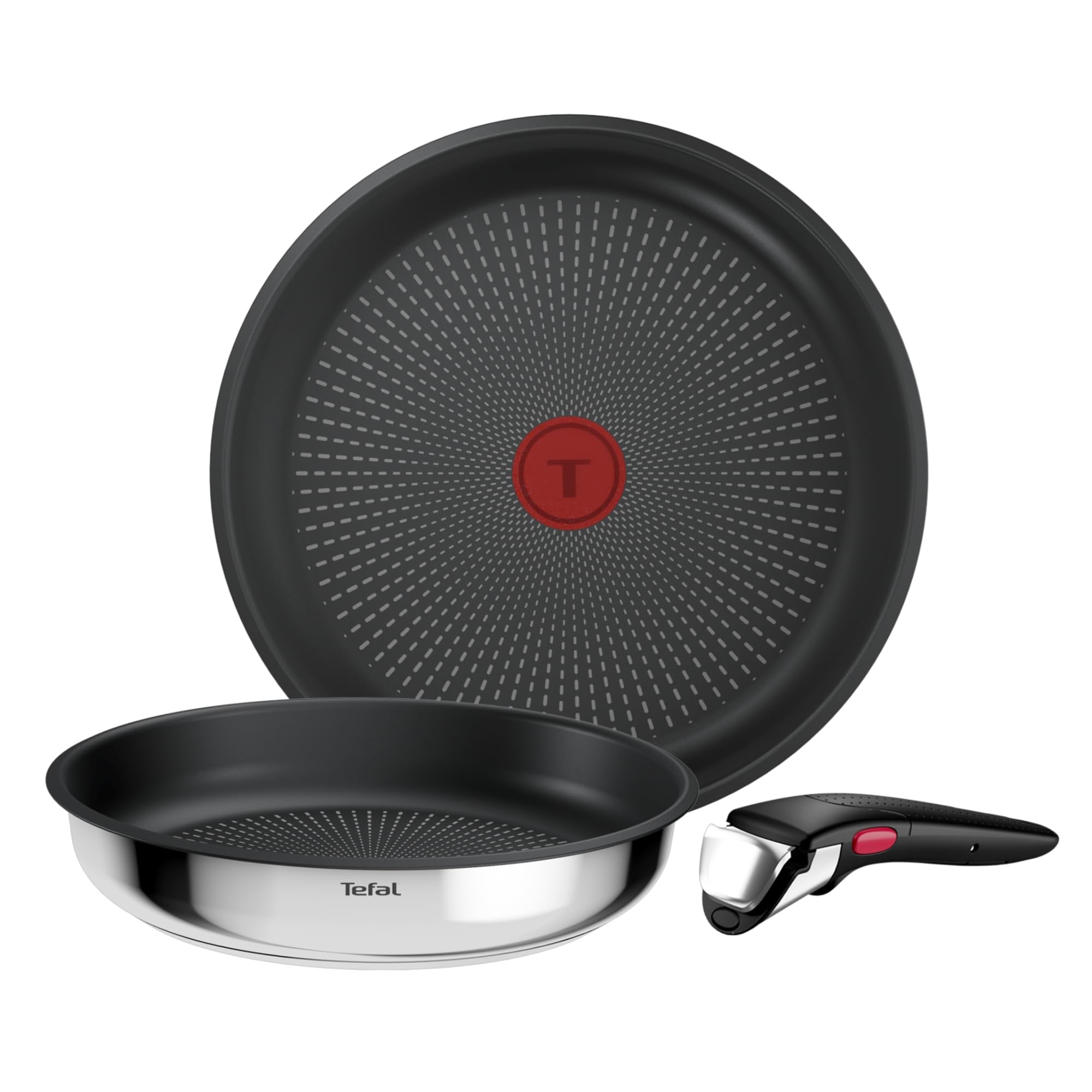 Tefal Ingenio Comfort Max - Juego de 2 Sartenes de 24/28 cm, Mango extraíble, Acero inoxidable, Apilable, Revestimiento antiadherente, Thermo-Signal, Inducción