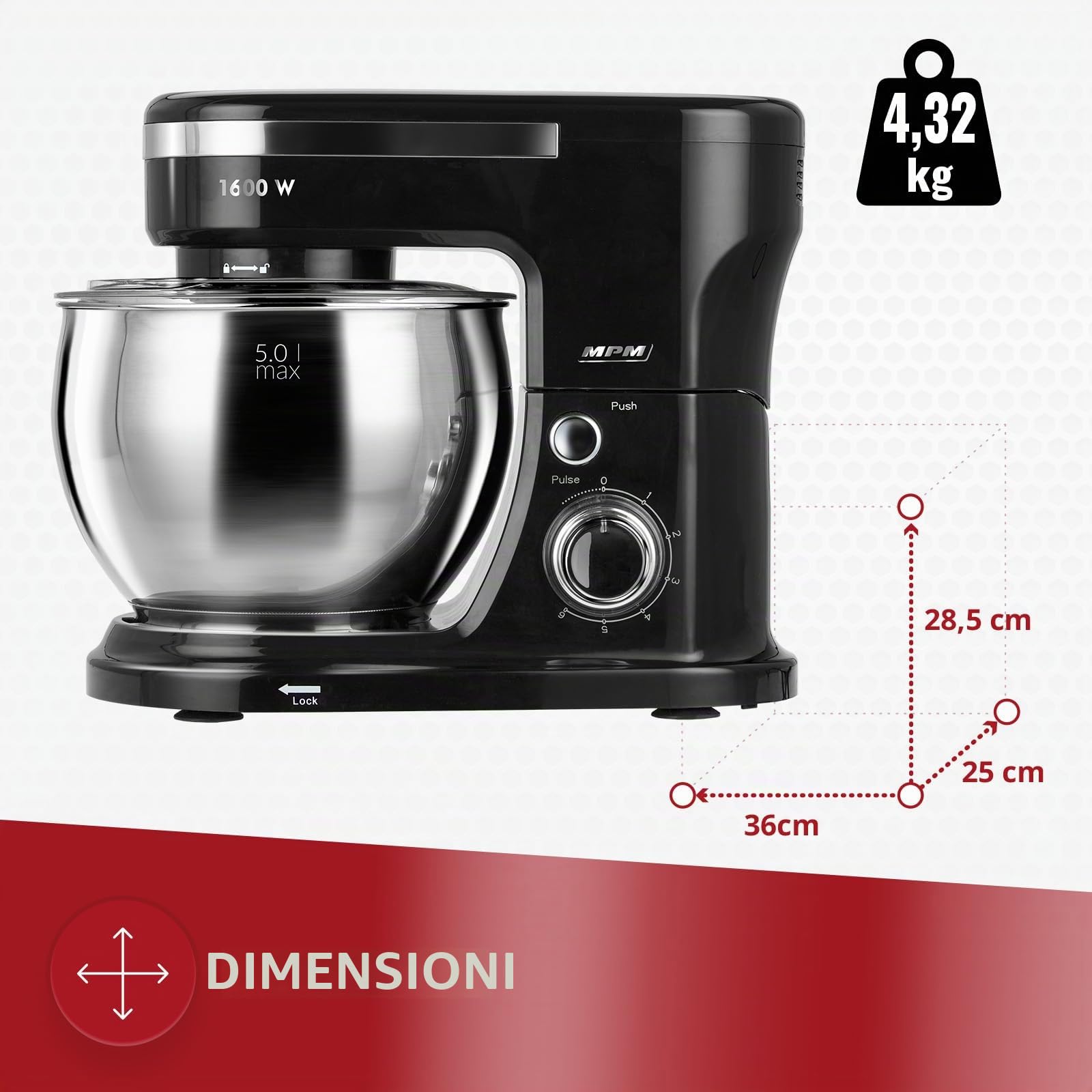 MPM - Robot da cucina planetario con 2 ciotole da 4 e 5 litri - robot da cucina da 1600 W - nero