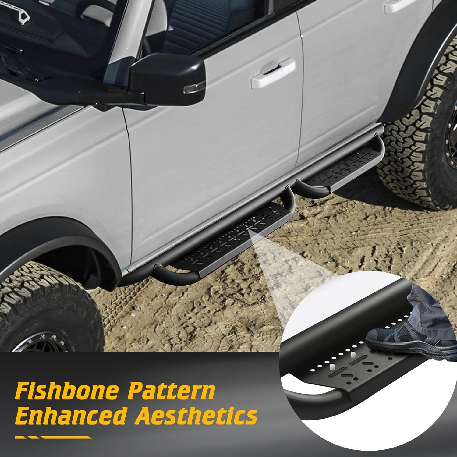 Running Boards Compatible with Bronco 4 Doors 2021 2022 2023 2024 2025 (Not Fit for Sport) Heavy-Duty Steel Side Steps fit for Ford Bronco,Non-Slip Step Rails Nerf Bar