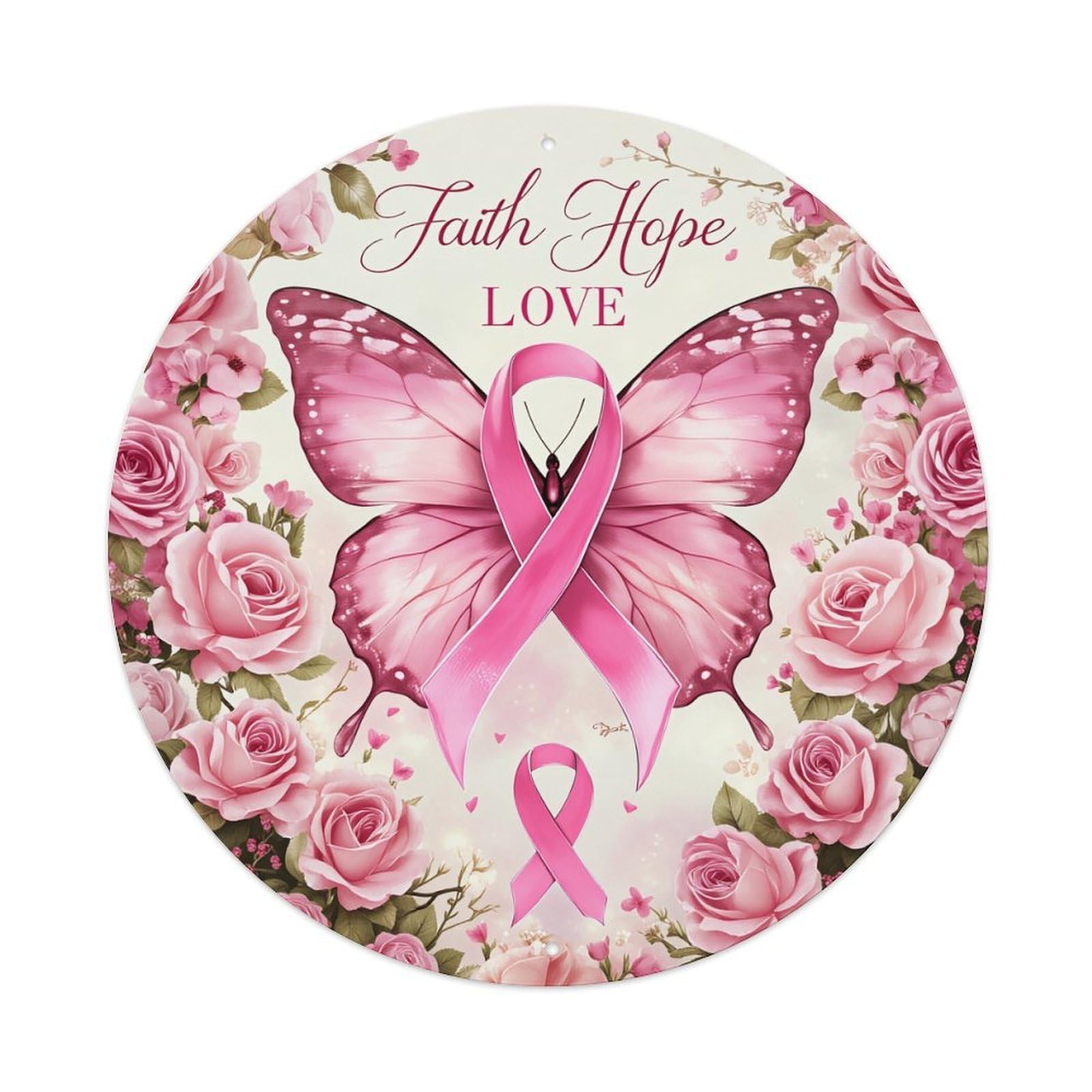 Faith Hope Love Butterfly Ribbon Round Tin Sign Vintage Metal Poster, Home Bar Garage Man Cave Cafe Indoor & Outdoor Wall Decoration 8x8Inches