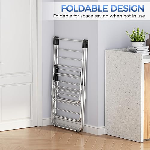 Miniatura 5 de APEXCHASER Tendedero de Ropa, Tendedero Plegable de 2 Niveles para Ropa, Tendedero de Lavandería Independiente de Acero Inoxidable, con 4 Alas