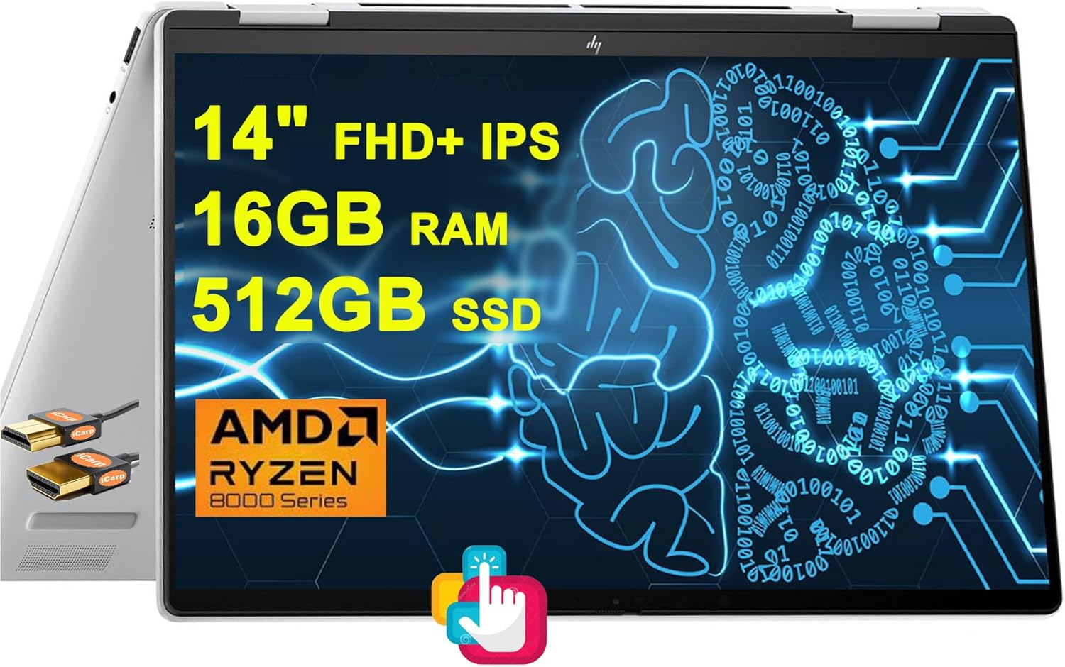 HP Envy x360 2-in-1 AI PC Laptop 14" FHD+ IPS Touchscreen AMD Zen 4 Hexa-core Ryzen 5 8640HS (Beats i7-1255u) 16GB RAM 512GB SSD Backlit USB-C IR Privacy Camera Poly Studio Win11 Silver + HDMI Cable