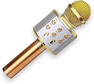 ميكروفون كاريوكي بلوتوث لاسلكي 5 في 1، جهاز تسجيل ومكبر الصوت وميكروفون كاريوكي محمول باليد مع راديو ريميكس قابل للتعديل للأطفال مناسب لعيد الميلاد (لون ذهبي)
