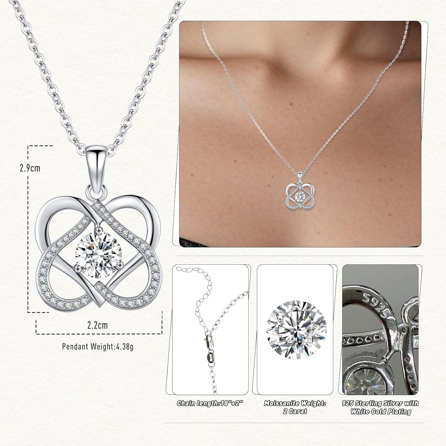 Moissanite Infinity Heart Necklace for Women, 2CT D Color VVS1 Moissanite 925 Sterling Silver Pendant Necklace Jewelry, Anniversary Birthday Gifts for Wife Mom Girlfriend - Image 7