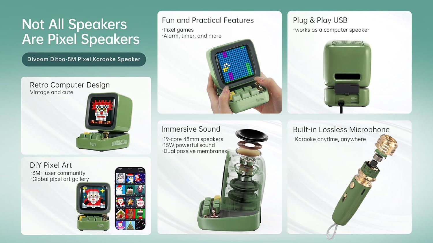 Divoom Ditoo 5M speaker showing internal components like speaker and passive membranes, and a diagram of the microphone