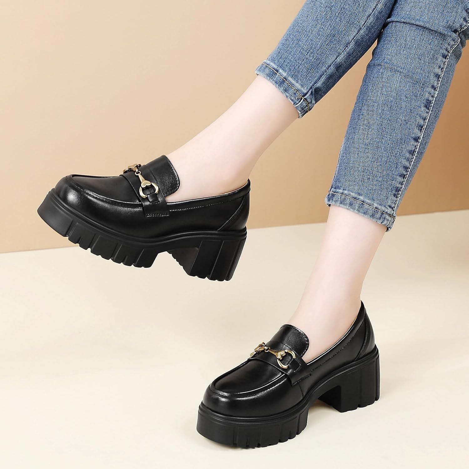 Platform Loafers for Women Comfy Penny Loafer Leather Chunky Heel