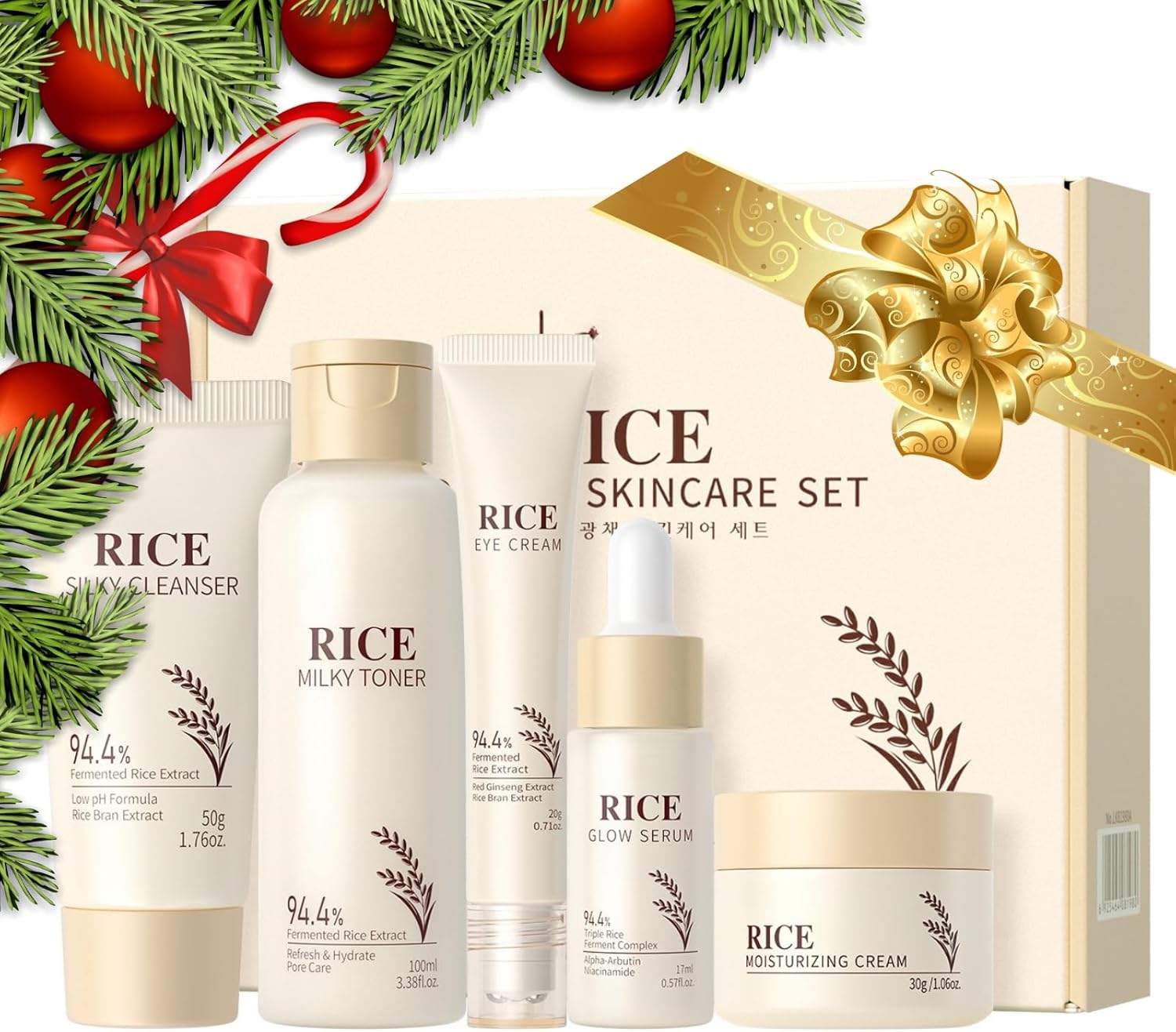 5-Piece Rice Korean Skincare Gift Set, Hydrating Facial Kit with Rice Cleanser, Milky Toner, Glow Serum, Eye Cream & Moisturizing Cream, Skin Care Sets & Kits Birthday Gifts for Her