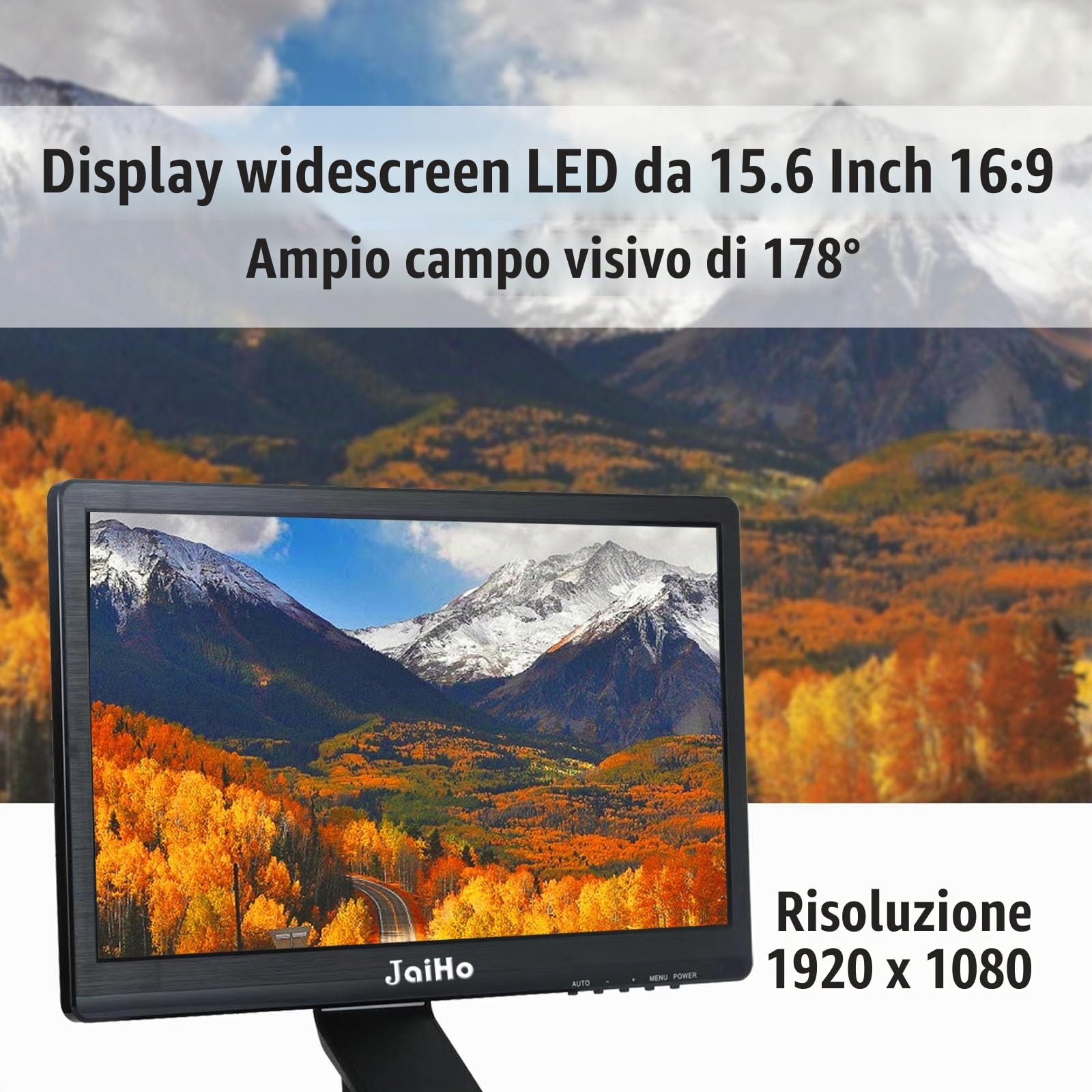 JaiHo Monitor 15.6 Pollici 1080P LED Schermo (1920x1080) - Monitor Desktop FHD 1080p 60Hz, Incorporato Altoparlanti, per PC, CCTV, Telecamera di sicurezza, Nero