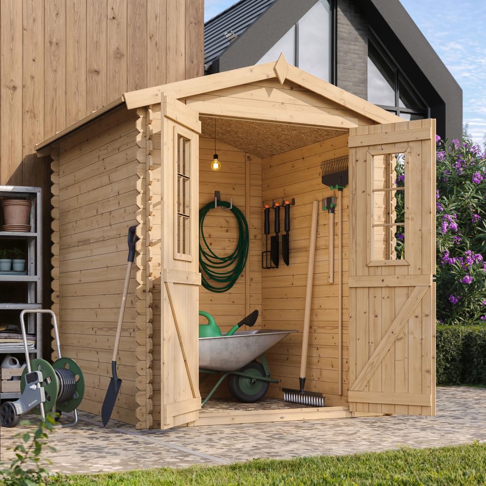 Casetta da Giardino in Legno per Esterni CON PAVIMENTO TRATTATO - L196xL186xA218 cm/ 2,82 m2 - Piccola Casetta in Legno, Rimessa Attrezzi, Deposito Bici - TIMBELA M320C+M320G