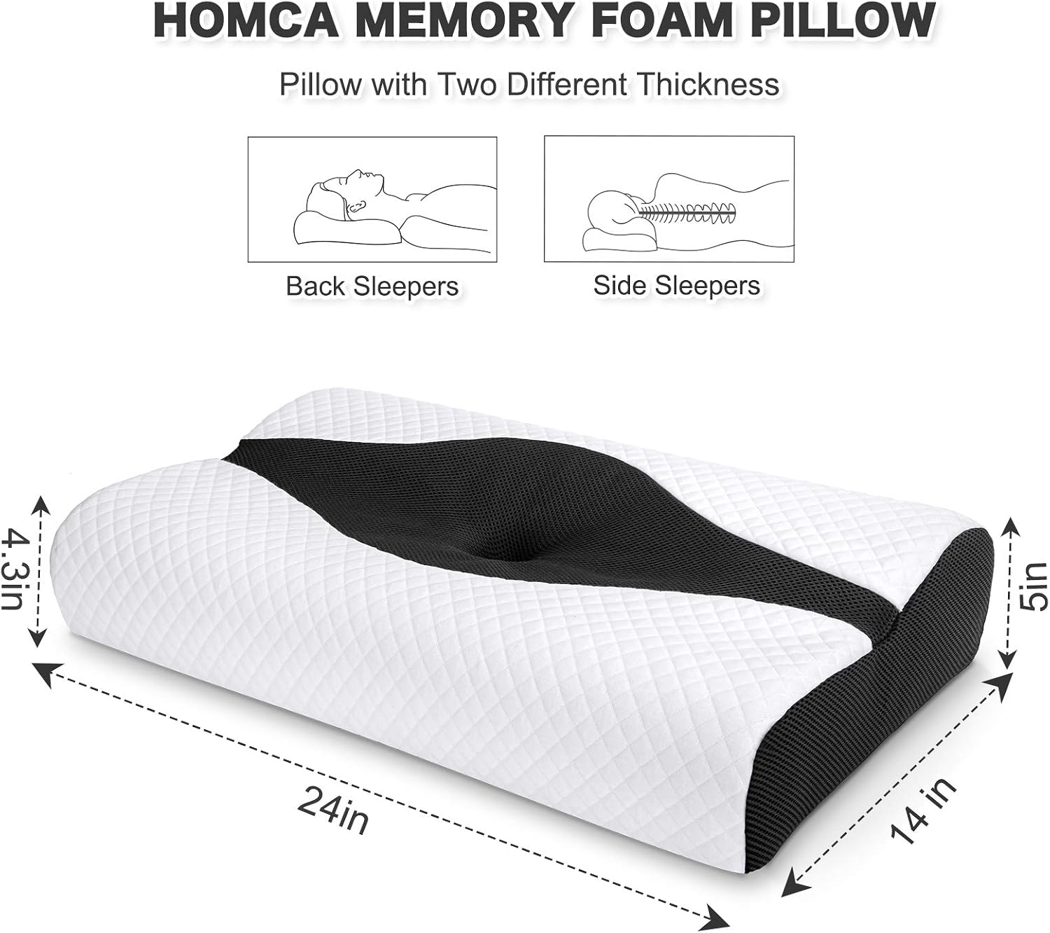 HOMCA Memory Foam Cervical Pillow, Neck Pillow for Sleeping, Ergonomic Orthopedic Contour Pillow Support for Side Back Stomach Sleepers (Black)