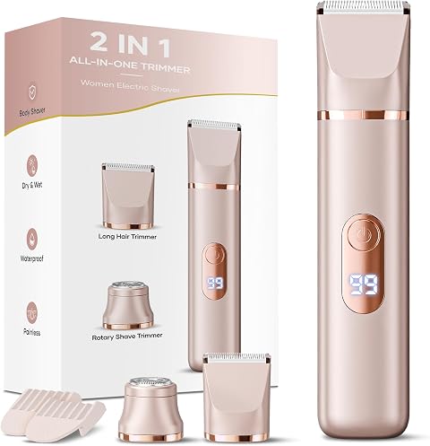 Lady Shavers for Women 2-in-1, Tiovara Painless Electric Razors Shaver IPX7 Waterproof Cordless Body Hair Trimmer Pubic Hair Removal with USB Charge for Underarm Leg Arm Body Face (Gold)