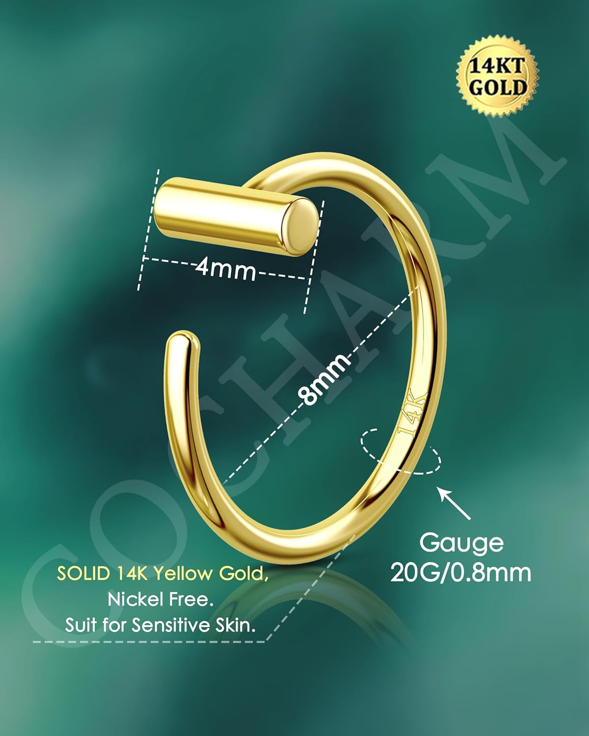 Cocharm 14K Yellow Gold Half Hoop Nose Ring - 20g, 8mm, Dainty Piercing Jewelry for Women & Men