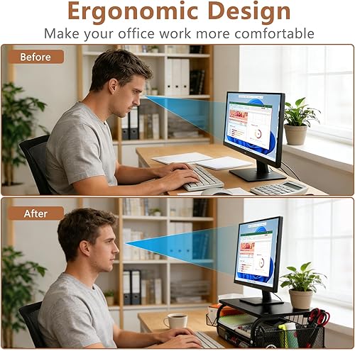 Miniatura 5 de Organizador de escritorio y accesorios para monitor, soporte para monitor con cajón (cajones de 2 niveles) con estante de almacenamiento lateral