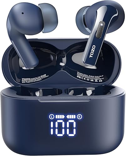 TOZO Auriculares inalámbricos T20 Bluetooth 48.5 horas de reproducción con pantalla digital LED, IPX8 impermeable, doble micrófono con cancelación
