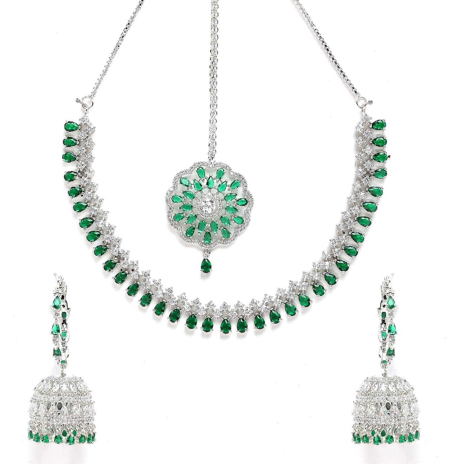 ZENEME Jewellery Sparkling American Diamond Collar Necklace with Designer Jhumka/Jhumki Earrings Maang Tikka for Women and Girls… (Green) (B09PGJ48NL) Amazon Price History, Amazon Price Tracker