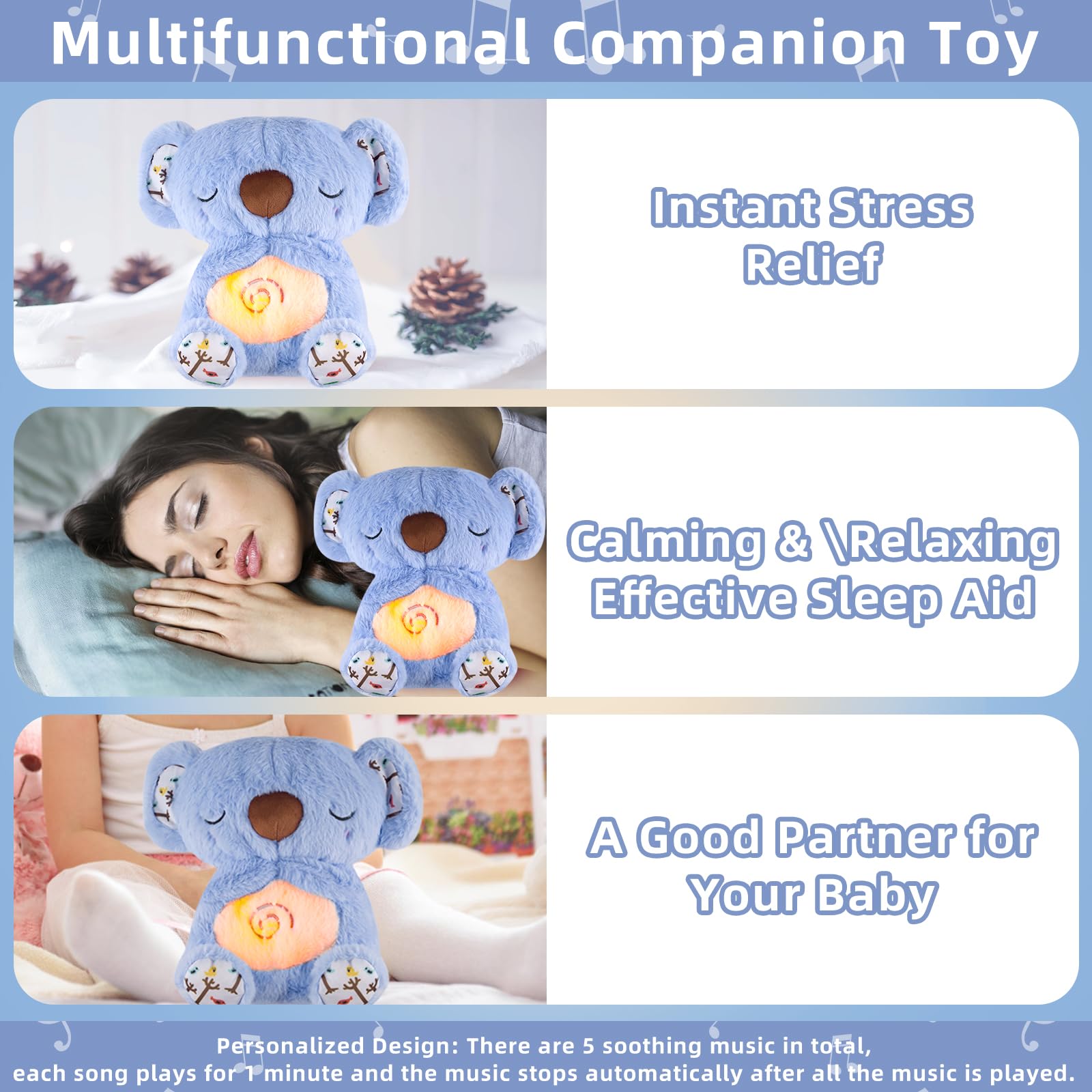 Niaetuto Koala Rilassante,Lontra Che Respira,Peluche Che Respira Con 5 Musica,Suoni,Luci e Movimento Respiratorio,Peluche Koala Calmante per Bambini Compagno Di Sonno,Ideale Regalo Neonato