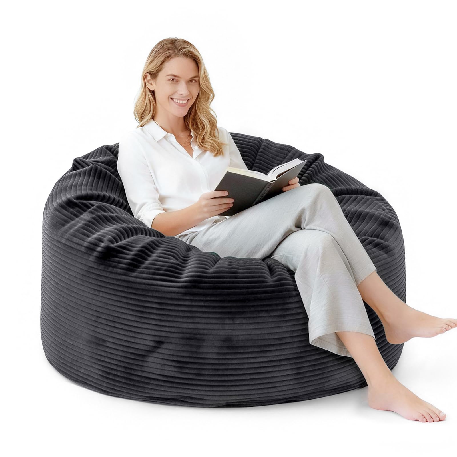 Photo 1 of E-Yoochi Bean Bag Chairs, 3FT Bean Bag with Memory Foam Filling, Removable and Washable Pinwale Plush Cover, Comfy Bean Bag Chairs for Living Room, Den, Bedroom or Office-Grey