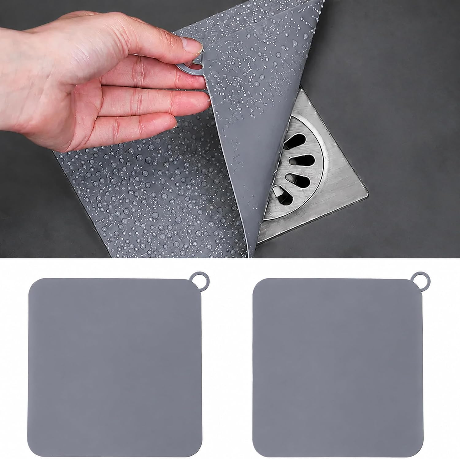 2 Pack Silicone Drain Cover 8 x 8 Inch Anti-Odor Floor Stopper (Grey)