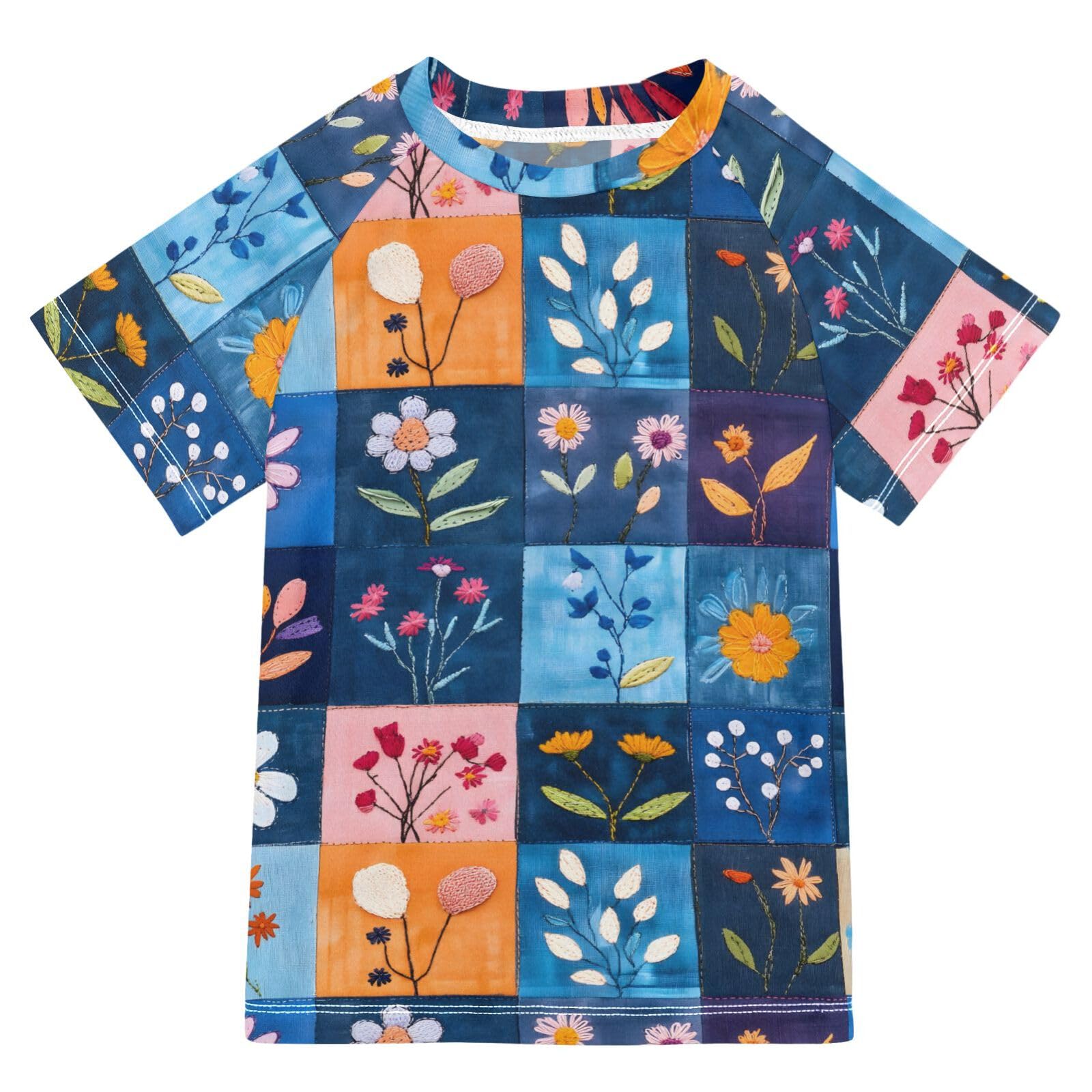 ALAZA Kids Rash Guard Boys Toddler Swim Shirts Short Sleeve Patchwork Flower UPF 50+ 3T