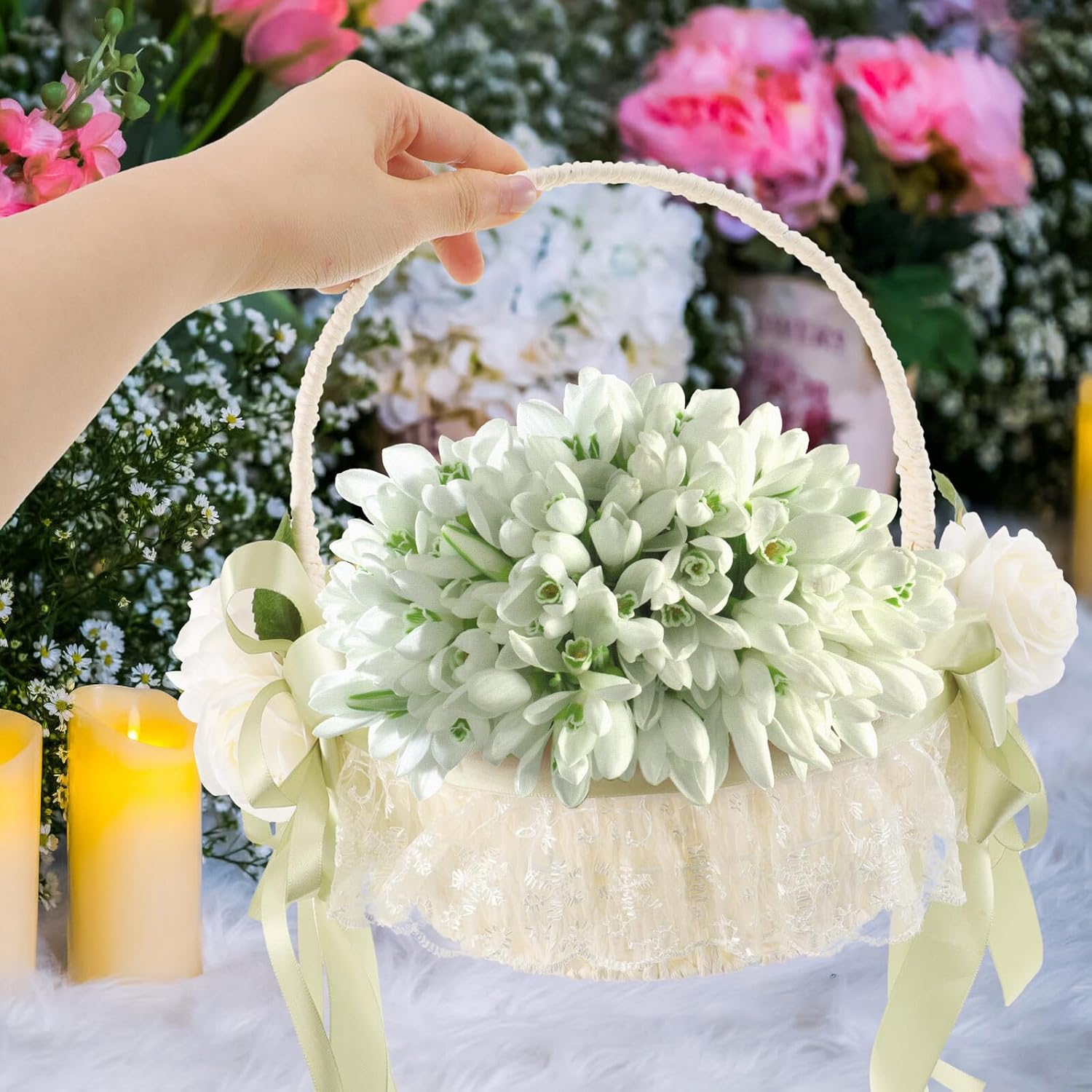 VALICLUD Wedding Flower Girl Basket with Bowknot Handheld Portable White Faux Rose Basket for Wedding Party Ceremony Supplies