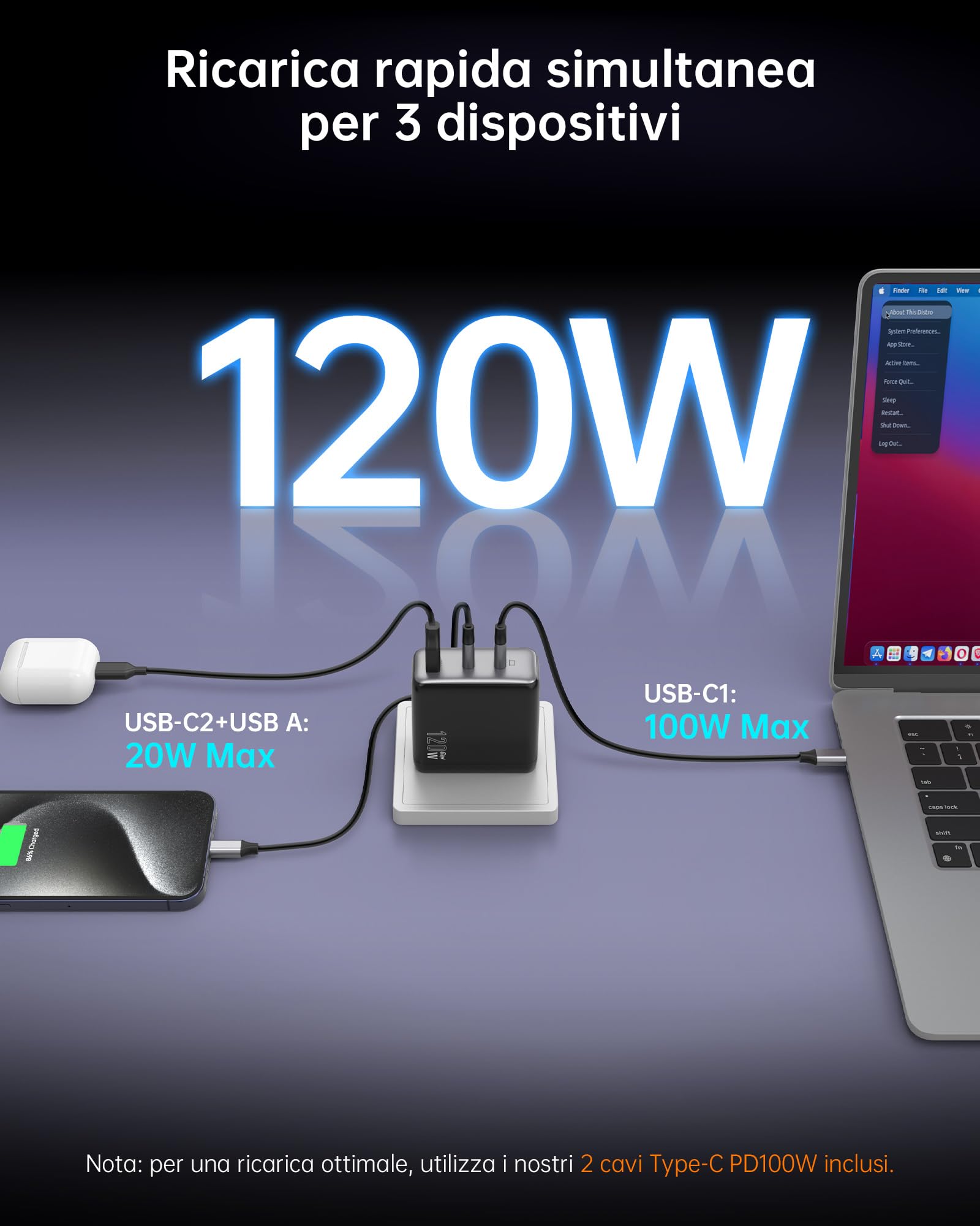 NOVOO Caricabatterie USB C da 120W con 1M cavi PD 100W Type-C, Caricatore compatto PPS GaN III a 3 porte, per MacBook Pro 14'', Dell XPS 13, iPad Pro, iPhone 16, Galaxy S23, Note 20, Apple Watch