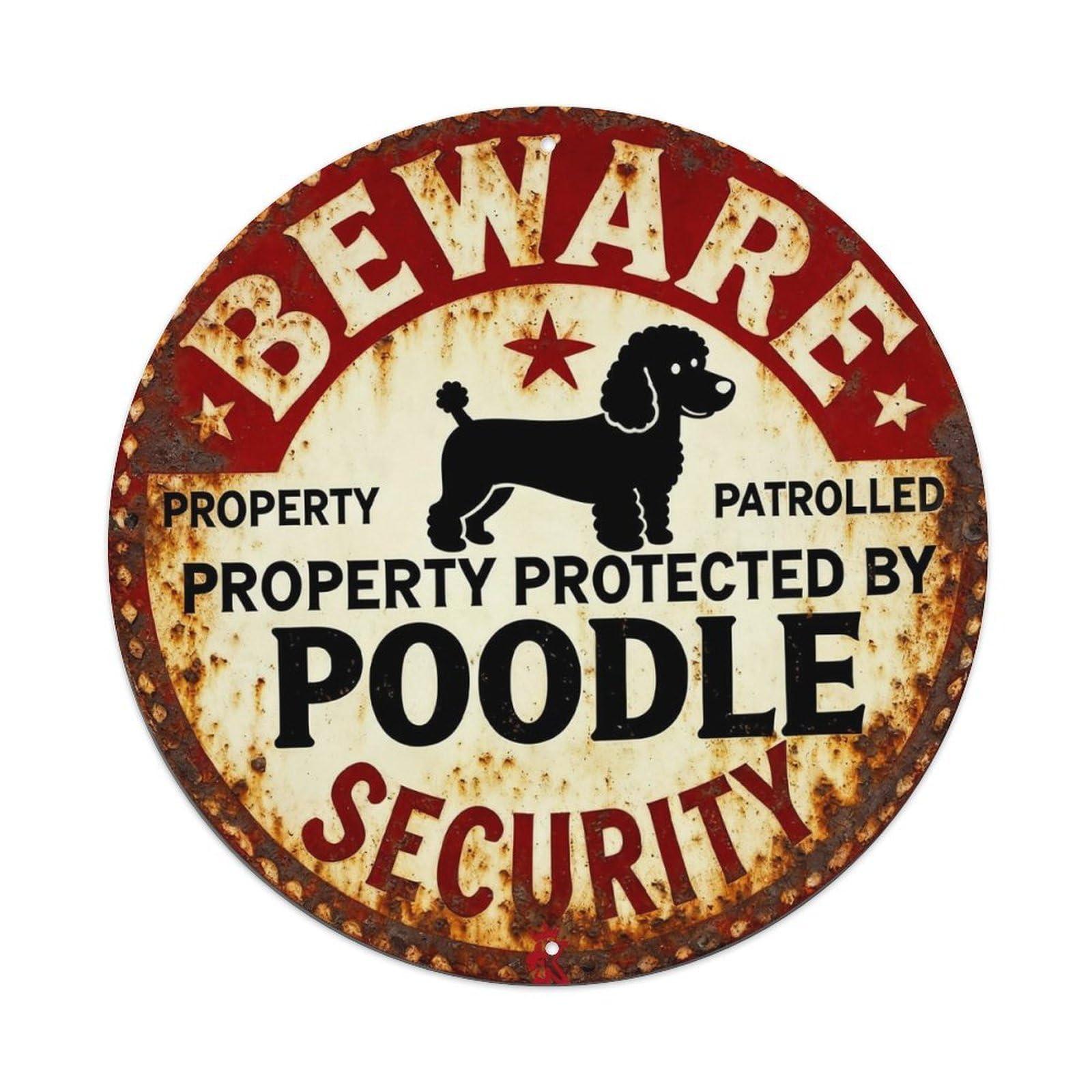 Beware Property Patrolled Poodle Security Round Tin Sign Vintage Metal Sign Home Bar Garden Indoor & Outdoor Wall Decor Retro Metal Poster 8x8 Inch