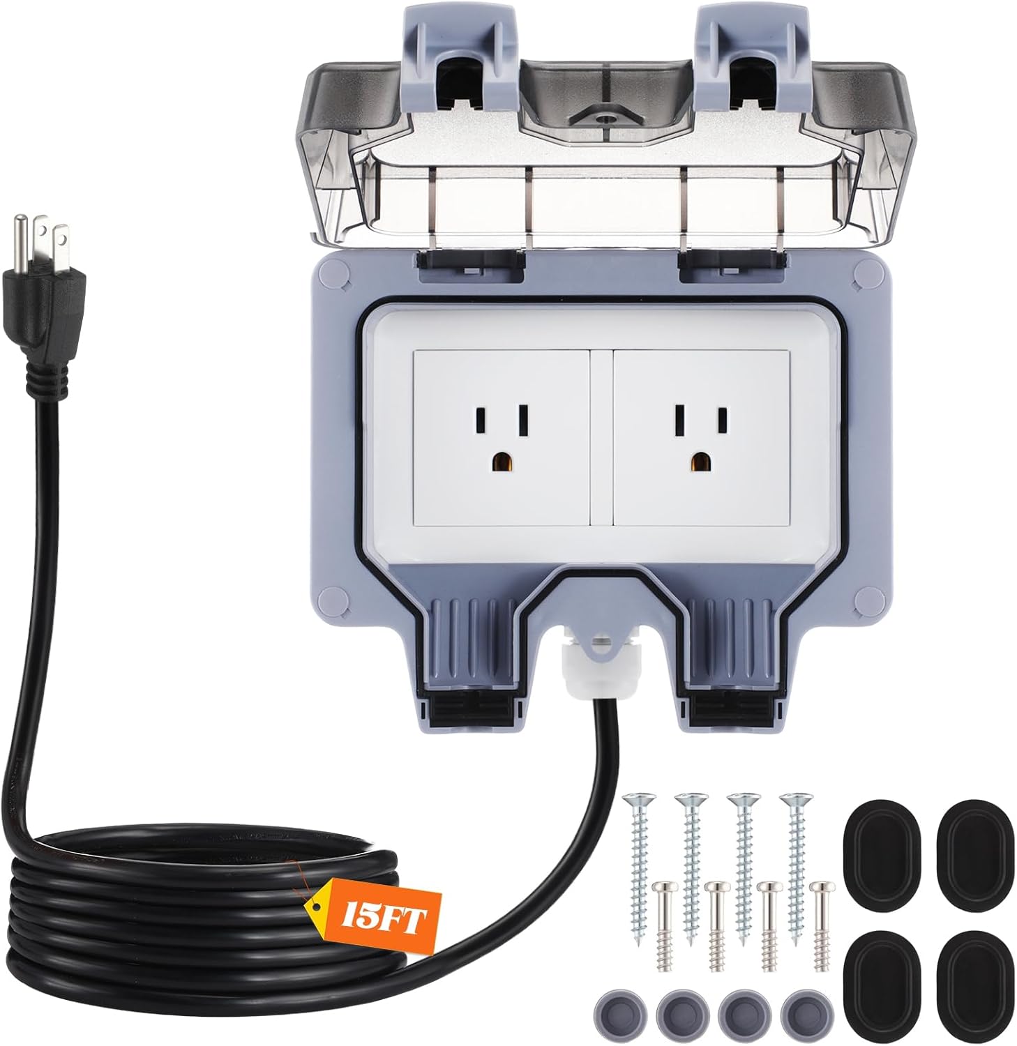 Kanayu Outdoor Outlet Box with 15ft Extension Cord, Dual 15 AMP 5-15 Receptacles Weatherproof Waterproof IP66 Outdoor Exterior Socket with Cover, 14 AWG/3C SJTW Cord