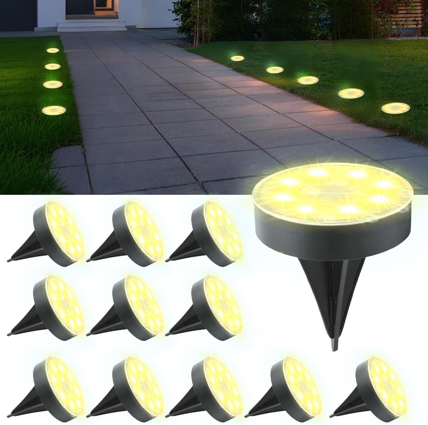 Ground Lights 12 Pack, IP68 Waterproof Solar Disc Lights for Outdoor, Flat Garden Light, In-Ground Light, Landscape Lighting for Pathway, Walkway, and Yard-12 Pcs (Warm White)
