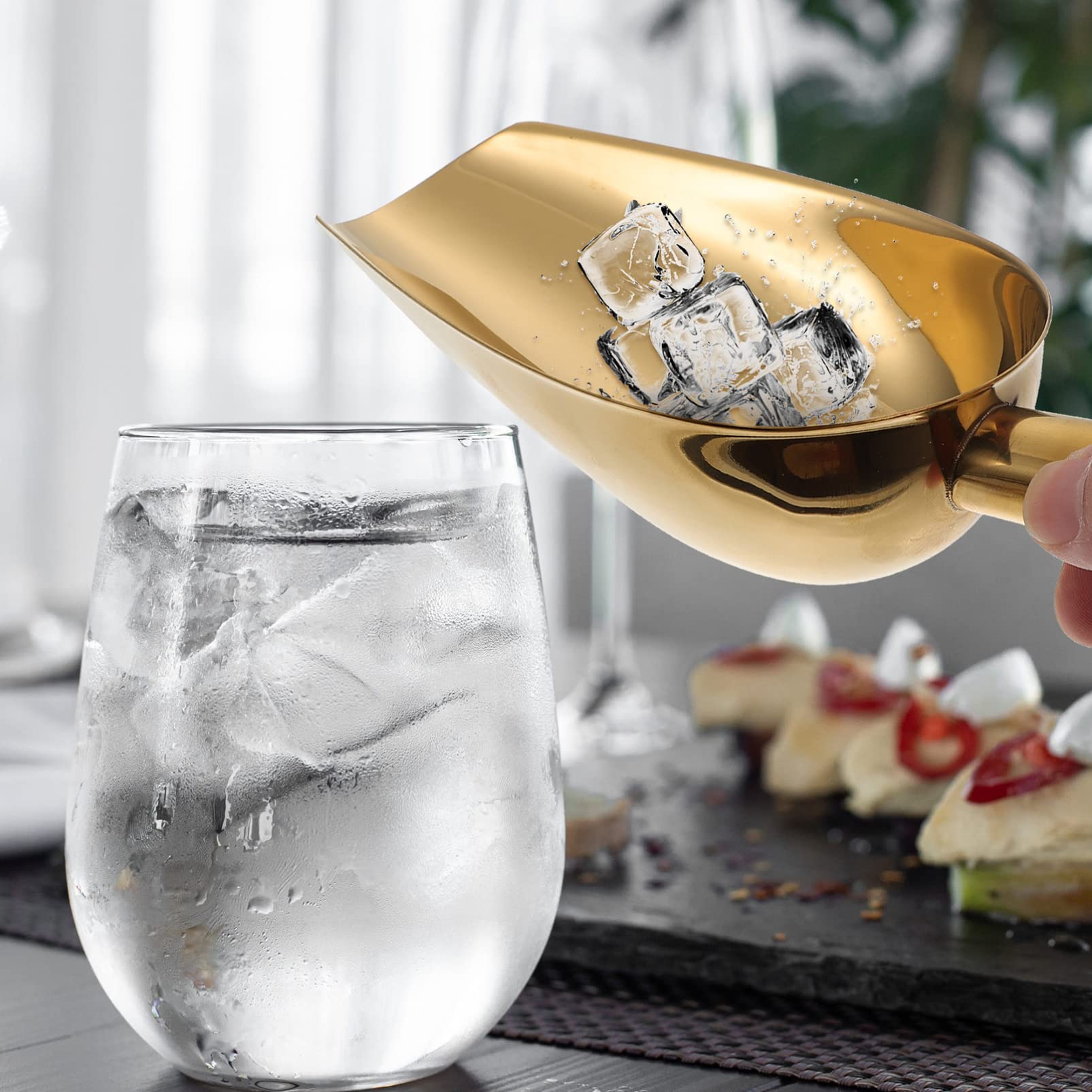 Golden Ice - Pinzas y pala de acero inoxidable para cubitos de hielo con, pala para cubitos de hielo, cuchara de cocina para contenedor de hielo, té, café, harina de granos
