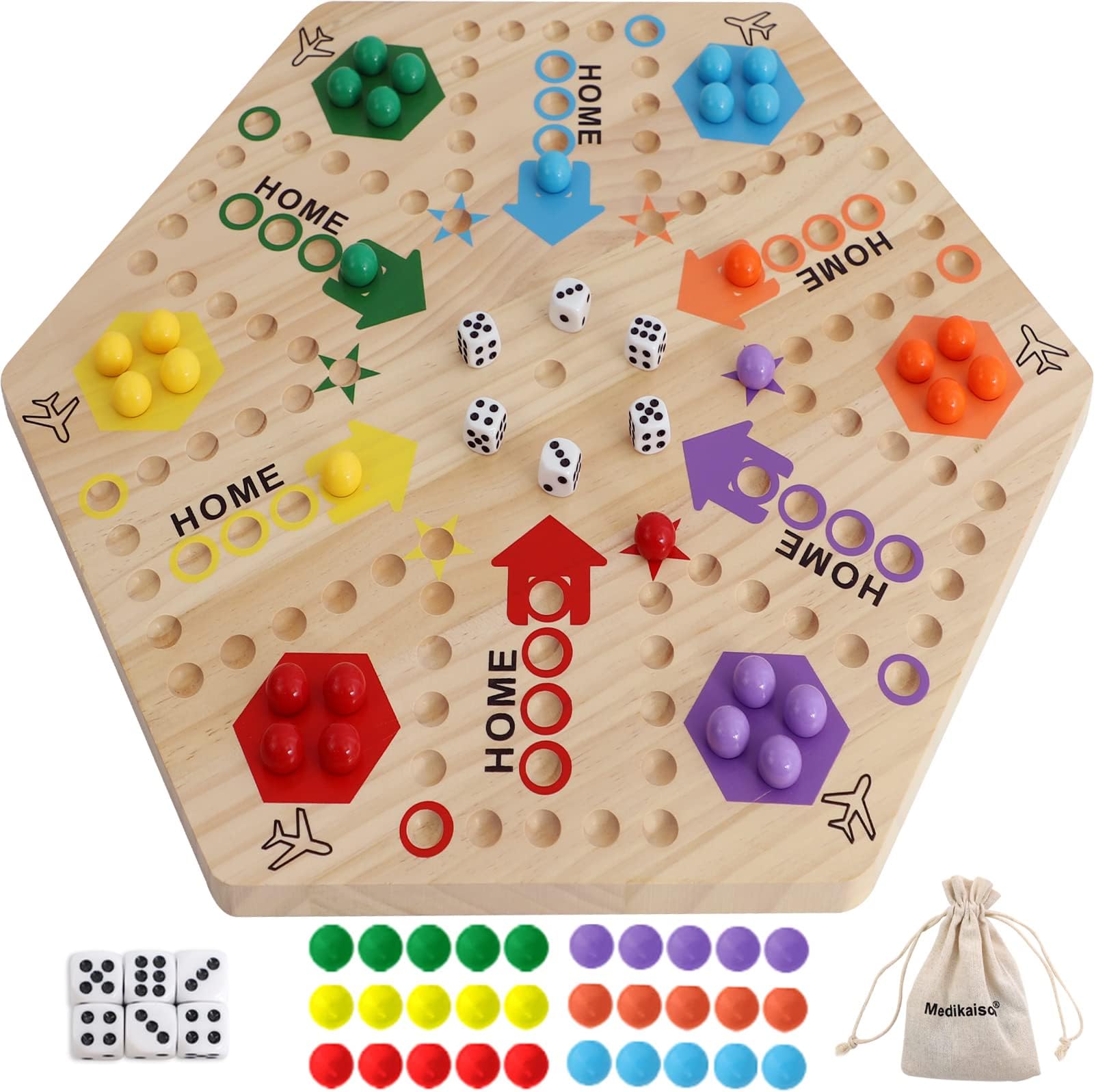 Large Size Original Marble Game Solid Wood 20 inch Wahoo Board Game Double Sided Painted Wooden Fast Track for 6 and 4 Players 6 Colors 24 Marbles 6 Dice for Family Friend