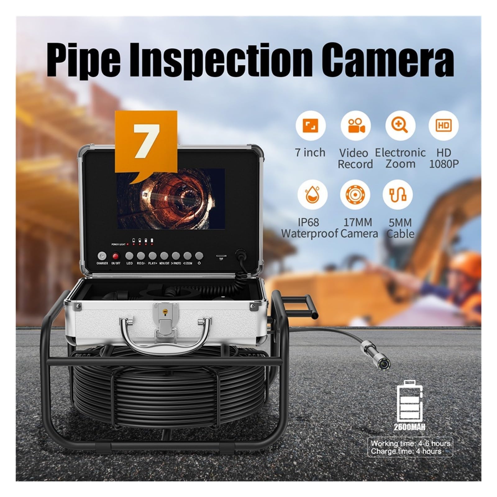 Kamera inspekcyjna odpływu Kamera Endoskopowa Do Rur DVR Kamera Endoskopowa Do Kanalizacji Z Ekranem 1080P 7" IP68 Wodoodporna Kamera Inspekcyjna Do Rur(10m,17MM Camera)