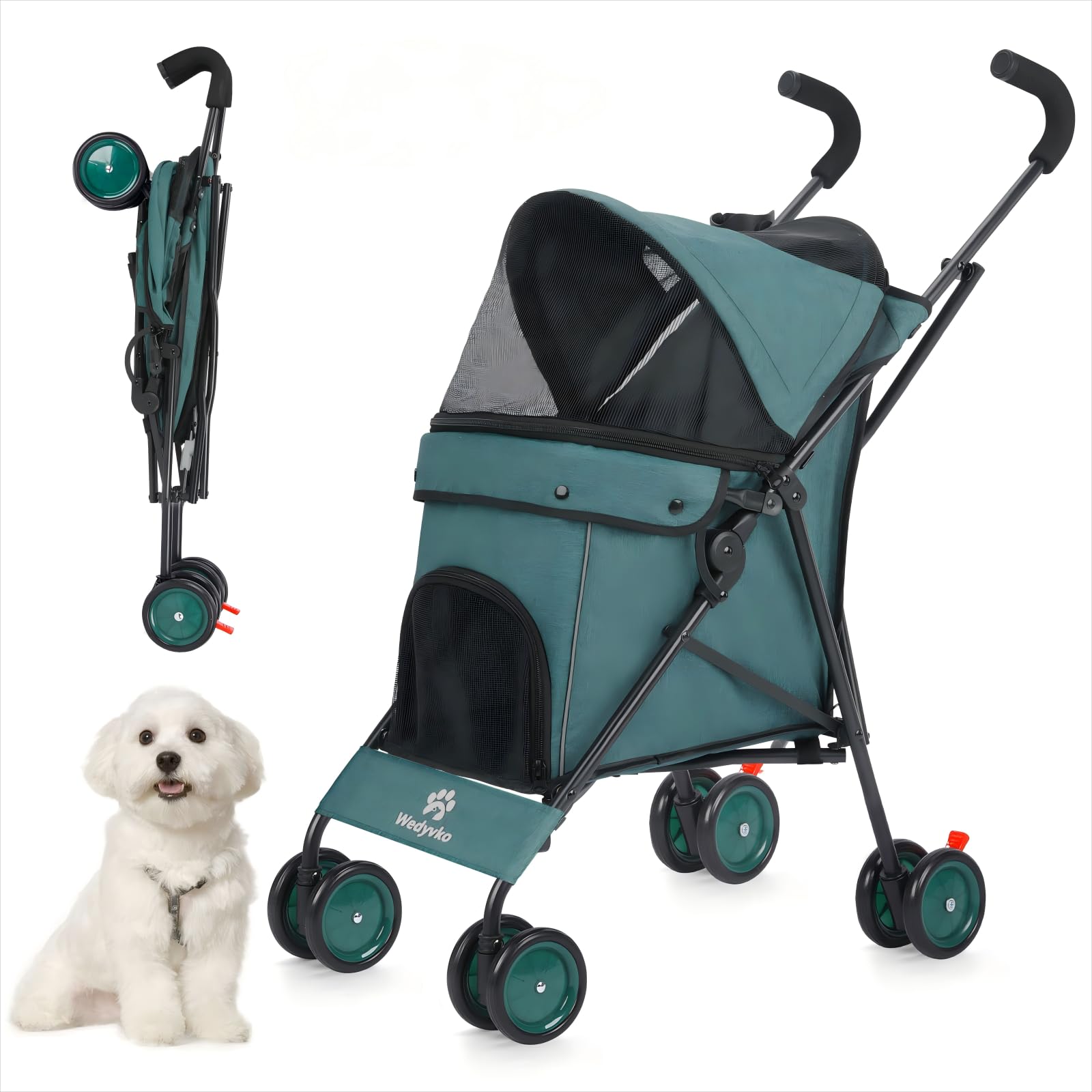 Dog Strollers for Medium Dogs, Folding Puppy Stroller for Small Dogs up to 33 lbs, 4 Wheels with Cup Holder Dog Carts with 360 Rotating Front Wheels for Outdoor Walking (Dark Green)