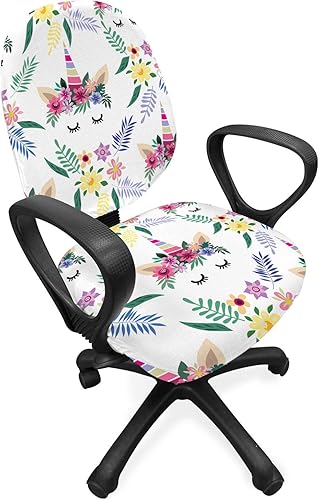 Lunarable Funda floral para silla de oficina, pestañas de unicornio en flores con orejas encantadoras ramas de hojas Happy Fantasy, funda protectora