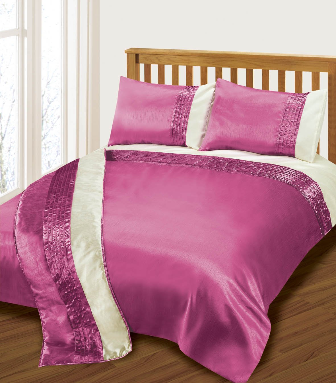 Intimates Beige Luxury Pleated Faux Silk Bed Runner Perez Fushia/Hot Pink