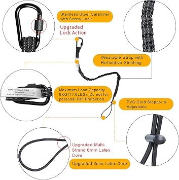 3 Pack Retractable Tool Lanyard, Safety Fall Protection Tools Leash with Aluminum Screw Lock Carabiner Clip and Adjustable Loop End, Tough Scaffold Tether for Construction Roofing (Black+Orange+Green)