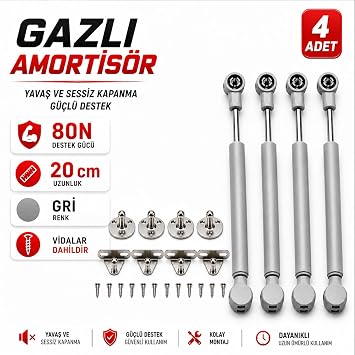 (4 Adet) Dolap Kapak Amortisörü 80N Gri 20 cm Gazlı Piston Kapak Hidroliği Mutfak Dolabı Pistonu