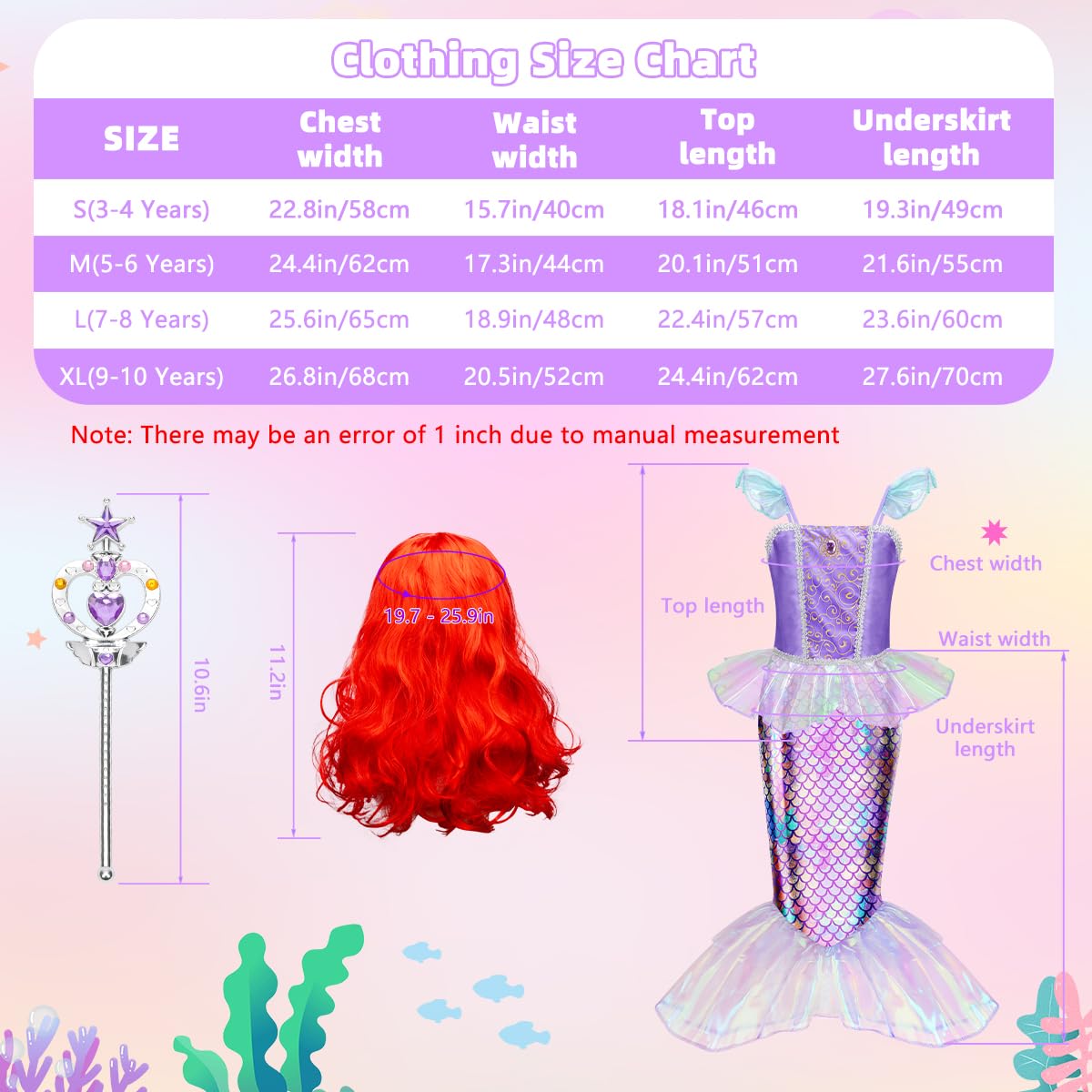 MELAND Mermaid Costume Kids, Princess Costumes with Wig for Girls Gift Aged 3-10, Little Mermaid Dress Up for Girls World Book Day (S) - Image 4
