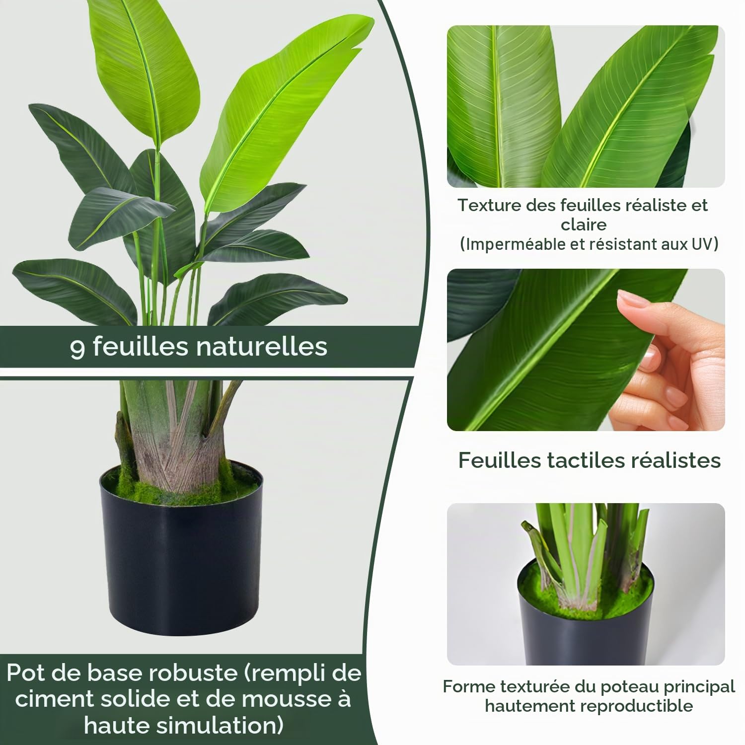 Plantes artificielles en pot avec 9 feuilles en pot pour intérieur, extérieur, maison, salon, bureau, jardin 120 cm