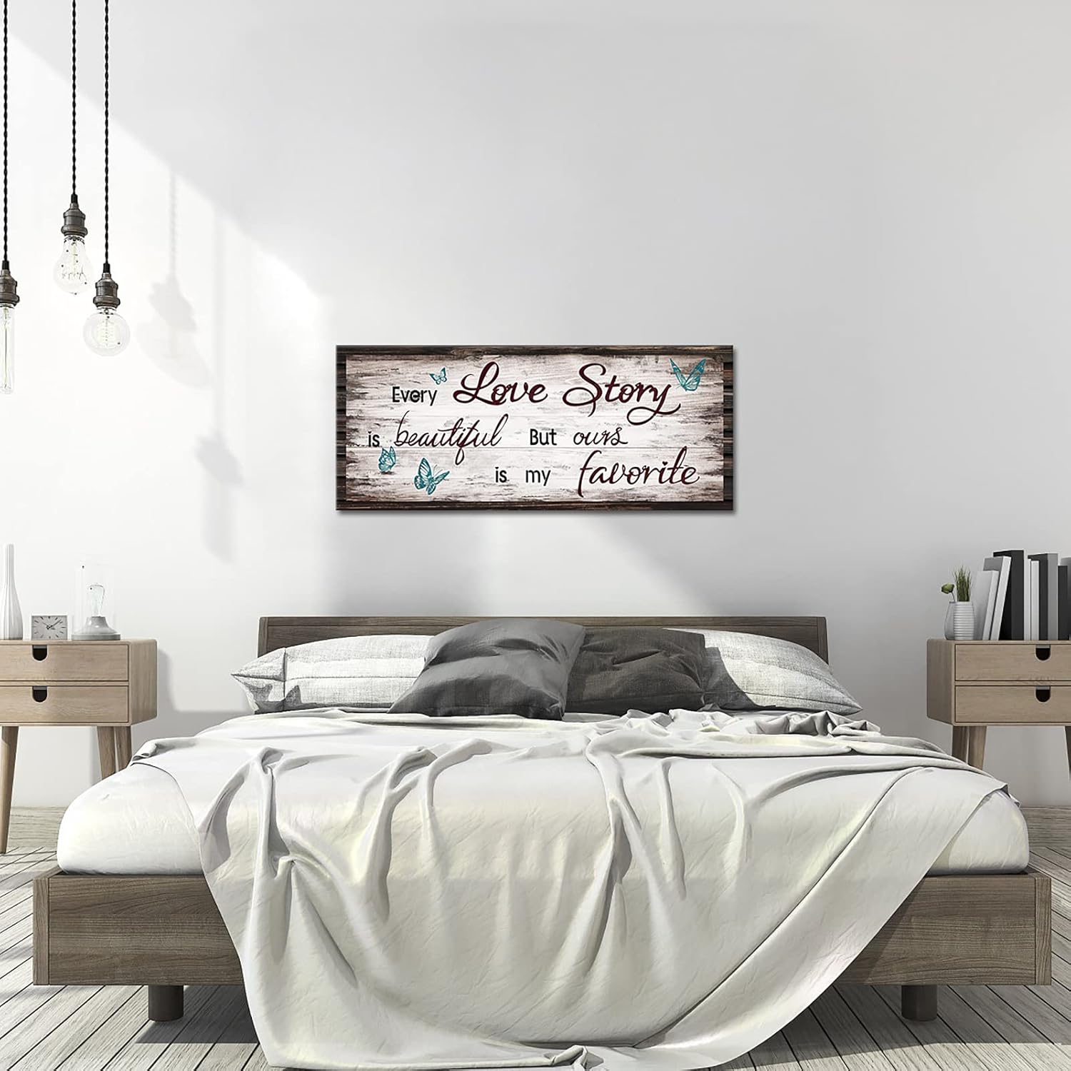 Kalormore Retro Love Story Canvas Wall Art for Bedroom Butterfly Sweet Quote Rustic Brown Wooden Textured Picture Prints Artwork for Living Room Bedroom Ready to Hang