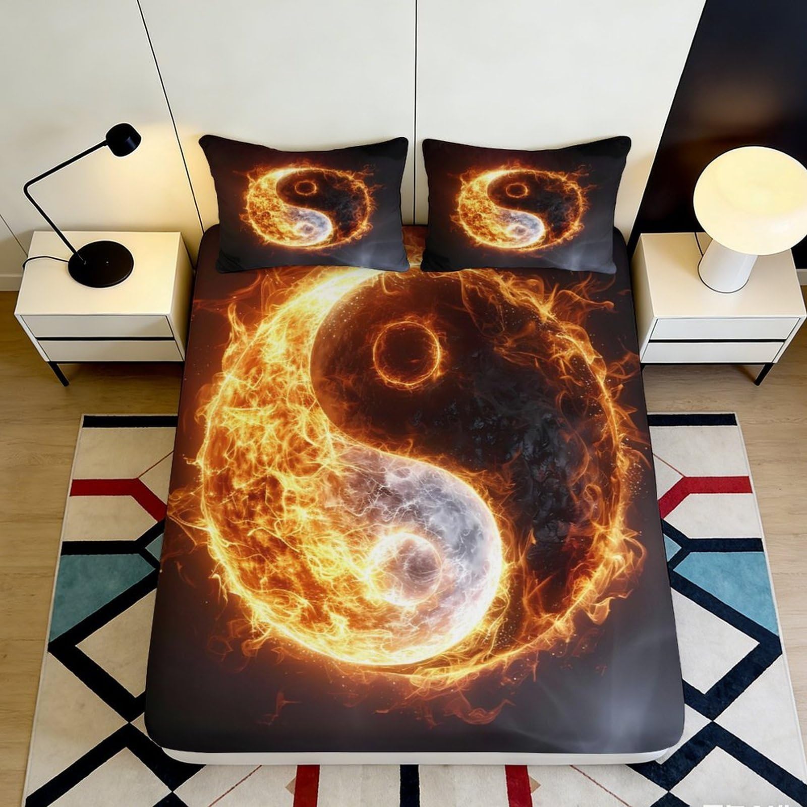 3D Printed Fire Yin Yang Fitted Sheet Microfiber Soft Mattress Cover for Bedroom Dorm Artistic Decor Easy Care 160x200x25cm