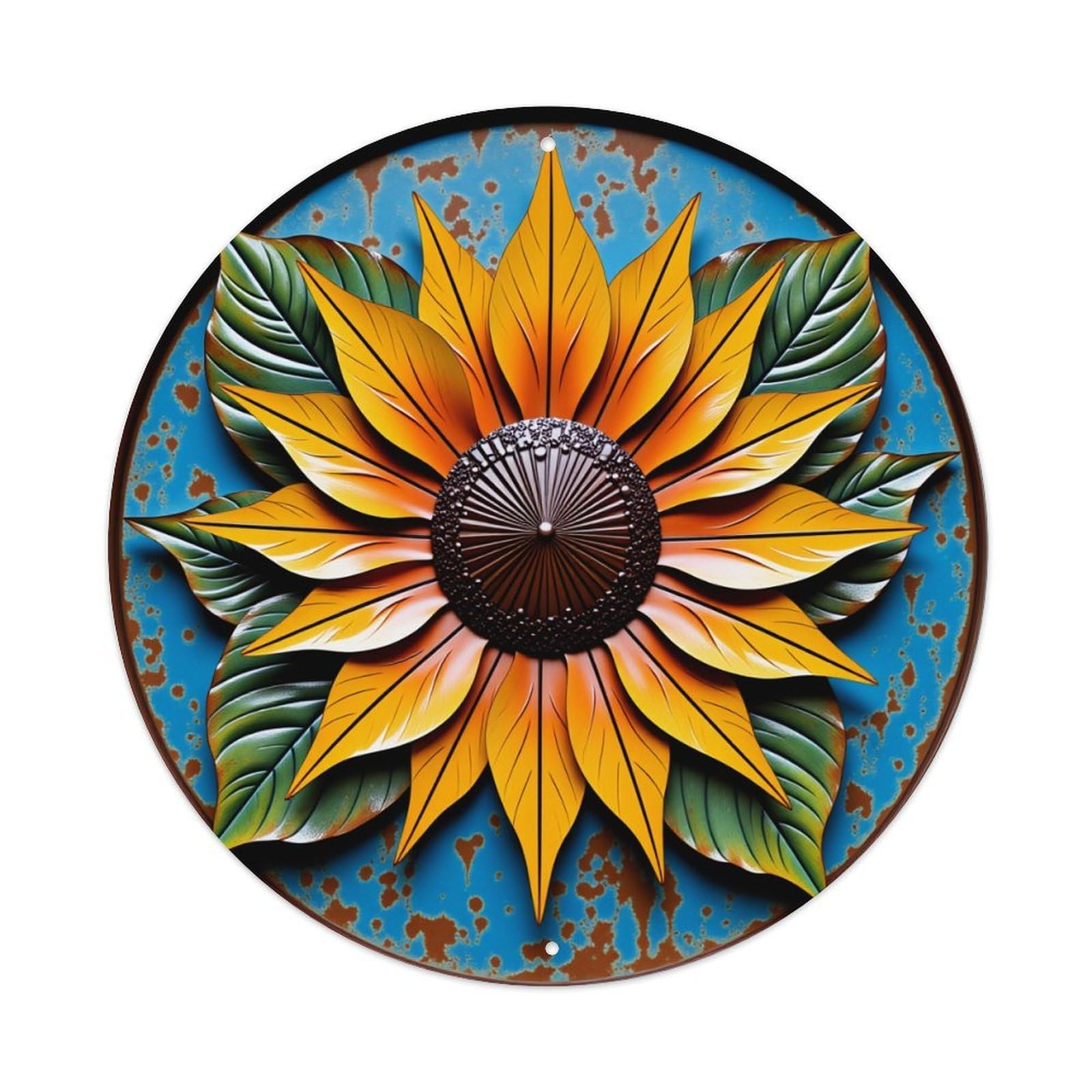 Sunflower Pattern With Green Leaves Vintage Metal Tin Sign Retro Wall Decor for Home Bar Garage Cafe, Indoor & Outdoor Decorative，circle Metal Poster, 8x8 Inch