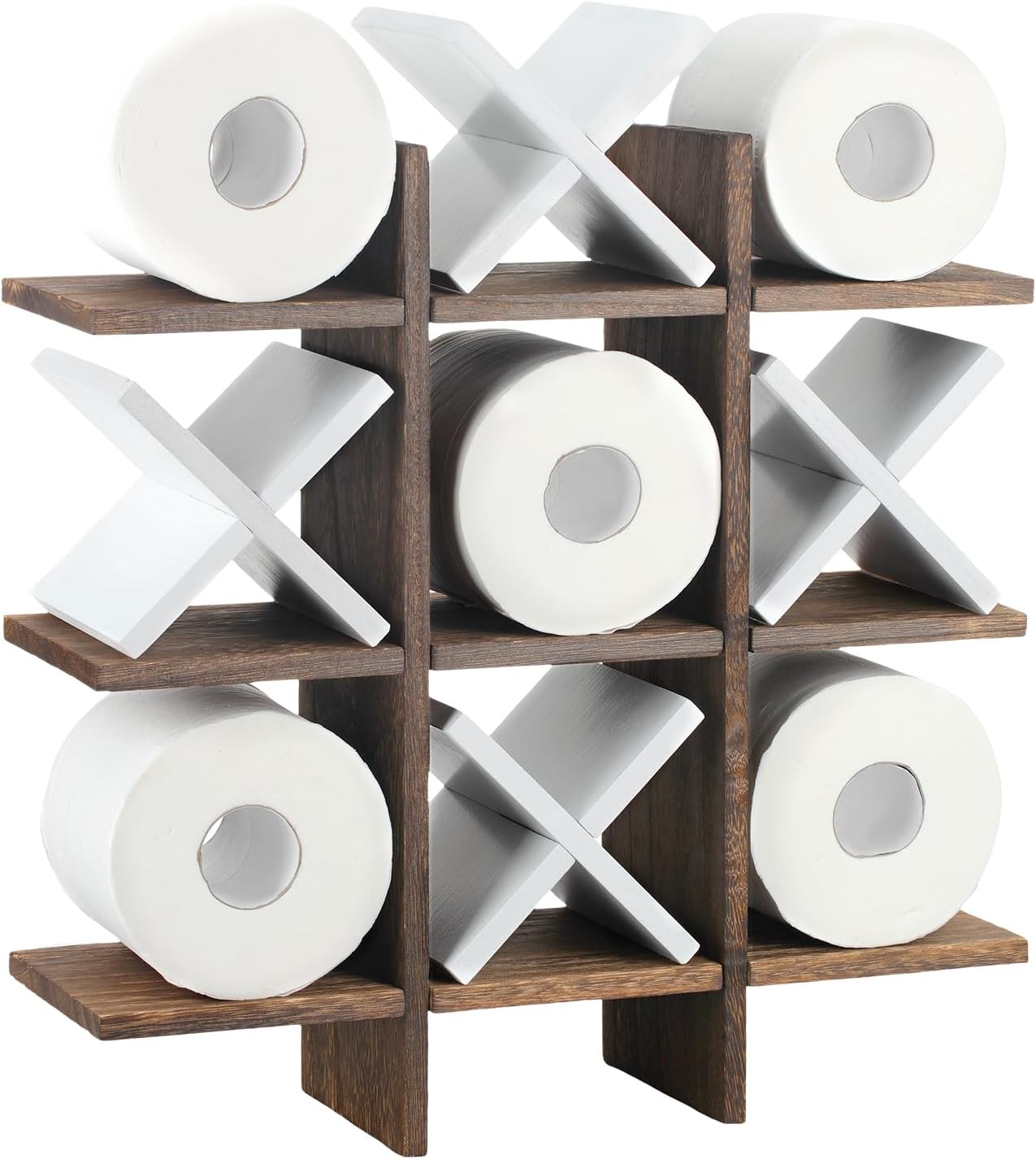 Weysat Tic Tac Toe Toilet Paper Holder Stand Bathroom Wall Decor Rustic Wooden Hanging Storage Freestanding Wall Mounted Shelves Decor for Toilet Tissue Farmhouse