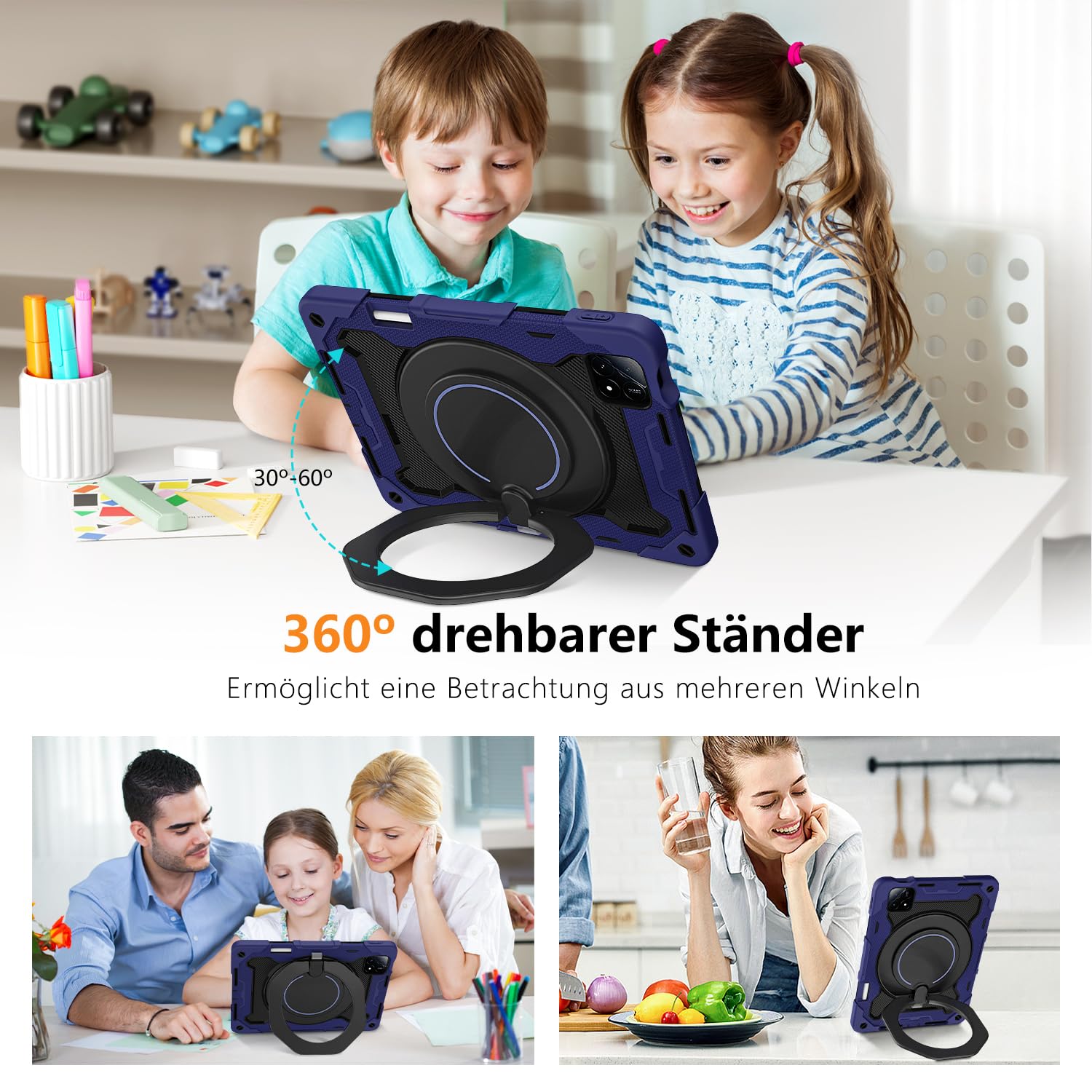 ROISKIN Hülle für Xiaomi Pad 6s Pro 12,4 Zoll 2024 mit Displayschutz & Schultergurt & Stifthalter,Heavy Duty Stoßfeste Xiaomi Pad 6S Pro Hülle,360 Drehbarer Ständer für Kinder,Marineblau