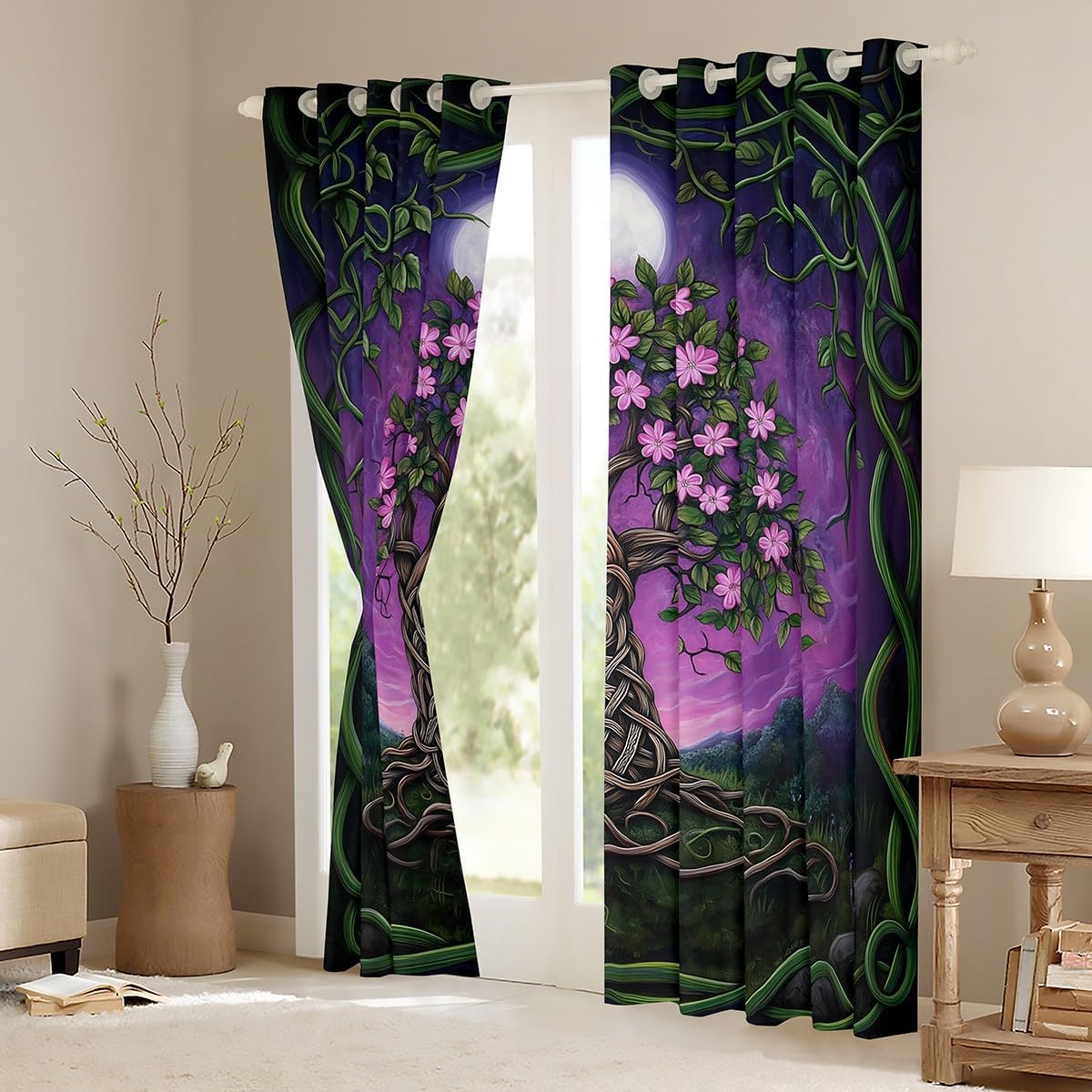 Flower Life Tree Window Curtains Nature Botanical Leaves Darkening Blackout Curtains Pink Watercolor Floral Window Treatments Tree of Life Grommet Top 2 Panel Set Drapes,38Wx45L
