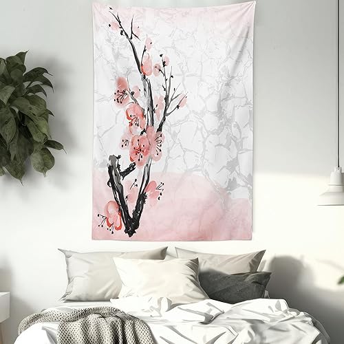 Vista 7 de Ambesonne Tapiz floral, flor de cerezo japonés, rama de árbol de Sakura suave, estampado de acuarela pastel, colgante de pared para dormitorio, sala