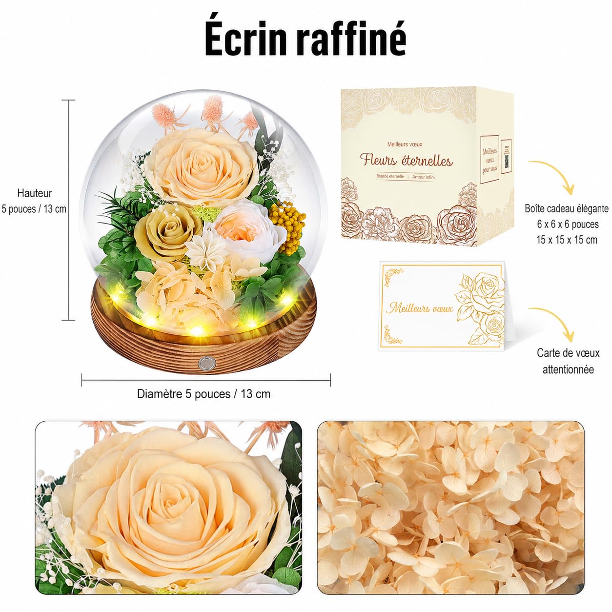 Rose Eternelle sous Cloche avec LED, Fleur Eternelle Cadeau, Boite Rose Eternelle, Cadeau pour Femme, Copine, Amie, Mere, Grand Mere, pour St-Valentin, Anniversaire, Fete des Meres (Champagne)