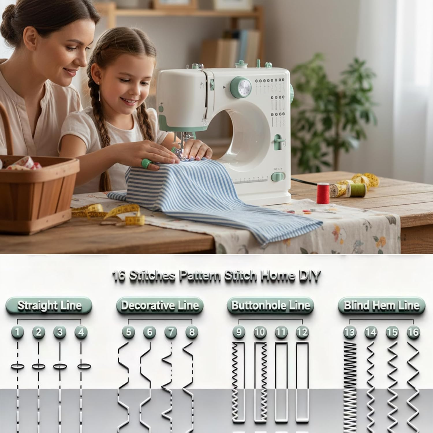 Sewing Machine for Beginners Twin Needles Sewing Machines 16 Built-in Stitches with Accessory Kit, Compact Travel Design for Clothing Repairs, DIY Crafting with Foot Pedal