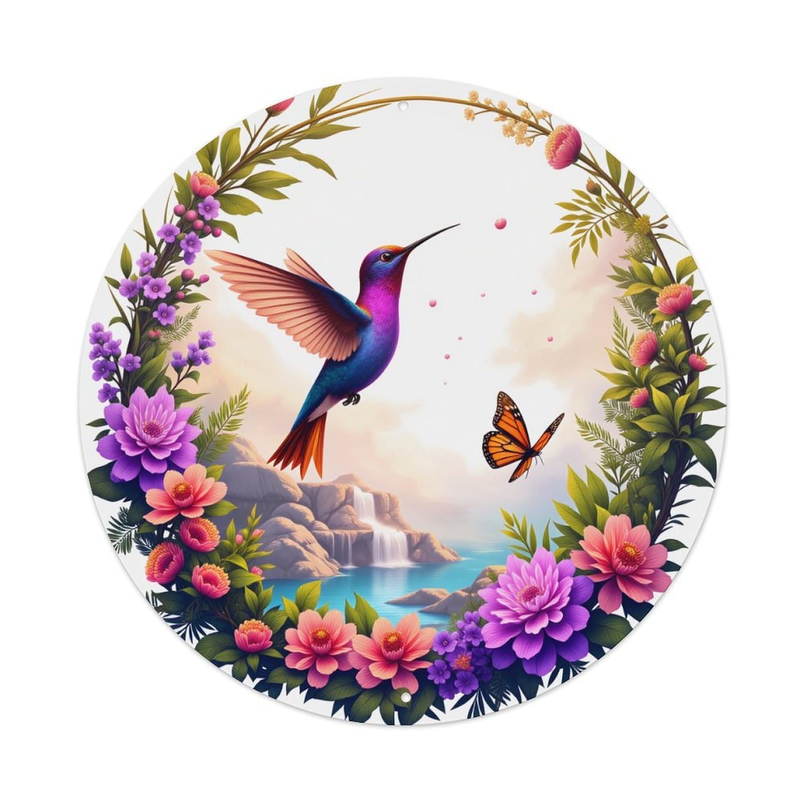 Hummingbird Butterfly Flowers Waterfall Sky Round Tin Sign Vintage Metal Poster, Home Bar Garage Man Cave Cafe Indoor & Outdoor Wall Decoration 8x8Inches