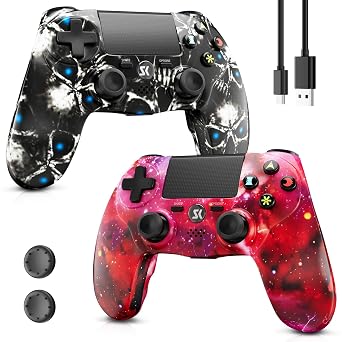 Wireless Controller for PS4, 2 Pack Controllers for PS4 with Double Vibration/6-Axis Sensor/Touch Pad/Headphone Jack, Ergonomic Non-Slip Grip Compatible with PlayStation 4/Slim/Pro Skull & Red